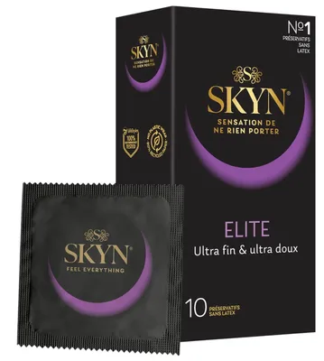 A box of SKYN Elite condoms and one individual condom wrapper.