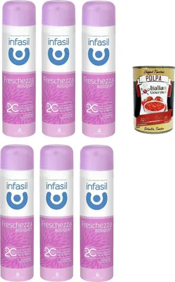 Produktbild von Infasil Lufterfrischer-Spray mit Molekül 2C, ohne Alkohol, wirksam bis zu 24 Stunden, Blumenduft, Deo 6x 150 ml + Italian Gourmet polpa 400g