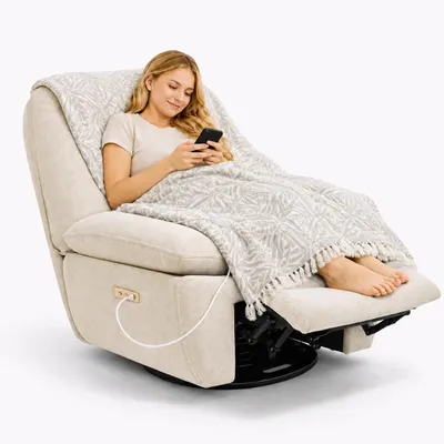 Produktbild von FLEXISPOT XR6 Oval Elektrischer Relaxsessel mit Decke, 360° drehbarer Fernsehsessel mit Liegefunktion, USB-Anschluss, Rückenlehne, Fußstütze, Beige, KI-generiertes Bild