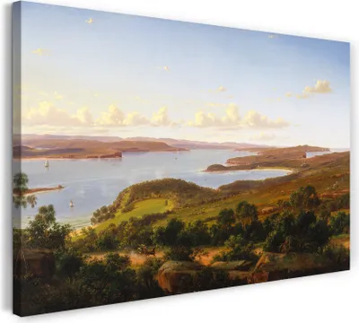 Produktbild von Leinwandbild (80x60cm): Eugene von Guérard - Sydney Heads, echter Holz-Keilrahmen inkl. Aufhänger, handgefertigt in Deutschland