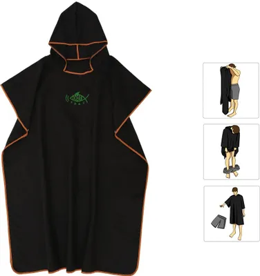 Produktbild von Mikrofaser Surf Poncho Wickelrobe mit Kapuze ｜ Einheitsgröße｜Schwarz