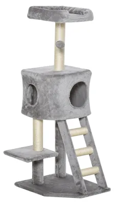 Image de Arbre à gratter pour chats avec maisonnette | Couleur : Gris clair/Beige | Dimensions : 40 x 50 x 120 cm