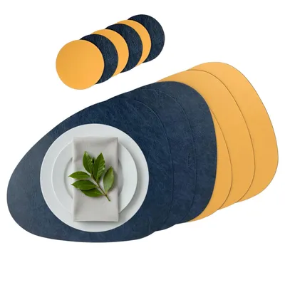 Produktbild von Platzset 6er Set, 2in1 Wende-Tischunterlage Kunstleder oval, Platzdeckchen 40x31cm Nierenform (blau/curry)