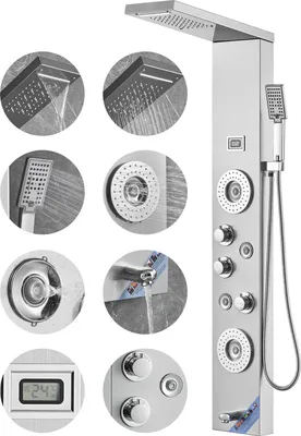 Produktbild von SucceBuy-Duschpaneelsystem, 6 Duschmodi, LED- und Display-Duschpaneelturm, Regenfall, Wasserfall, 4 Körpermassagedüsen, Wannenauslauf, Handbrause, 59-Zoll-Schlauch, wandmontiertes Duschset aus Edelstahl