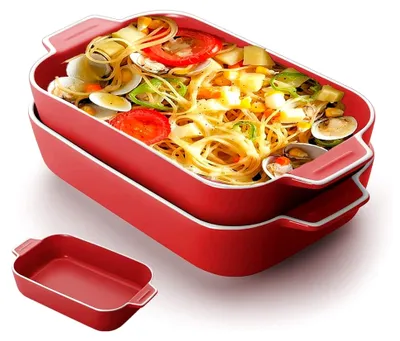 Produktbild von Lasagne Auflaufform für 1 Person, 2 Stück, 22 x 12 x 5 cm, Rechteckige Keramik-Auflaufformen mit Griff, Kleine Ofenform für Lasagne und Tiramisu (rot)