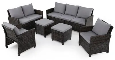 Produktbild von COSTWAY 6 TLG. Polyrattan Gartenmöbel, Sitzgruppe 7 Personen, Sitzgarnitur mit 2 Sofa, 2 Sessel, 2 Hocker & Kissen, Terrassenmöbel wetterfest Outdoor