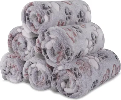 Image de 6 couvertures douces pour chiens et chats avec empreintes de pattes - couverture en flanelle polaire pour chiots et petits animaux domestiques (60 x 40 cm, gris)