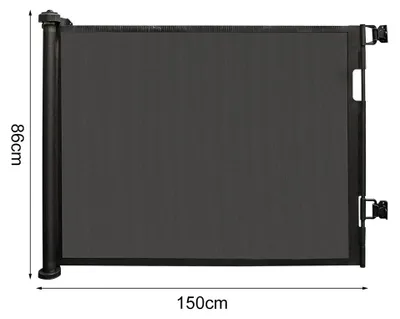 Zdjęcie produktu dla Barierka ochronna do montażu na ścianie, przeznaczona dla dzieci i zwierząt - ochrona drzwi i schodów - szerokość 150 cm - siatka rozwijana - wykonana z tworzywa sztucznego - kolor czarny