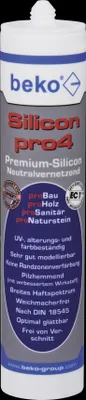 A product shot of a tube of beko Silicon pro4 sealant against a black background.