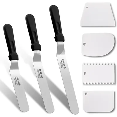 Image de Ensemble de 7 pièces comprenant une spatule pour glaçage et un racloir à gâteau, en acier inoxydable, comprenant 3 spatules angulées (6, 8, 10 pouces) et 4 racloirs