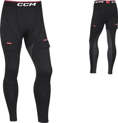 A pair of black CCM compression pants with gray accents and red branding.