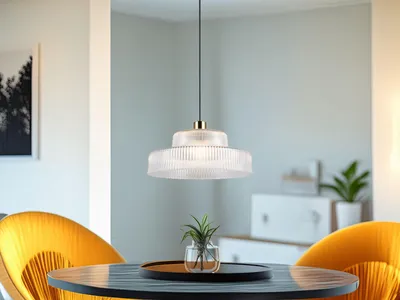 Produktbild von Retro LED Hängelampe einflammig mit Rillenschliff Glasschirm und Messing, Ø 35cm