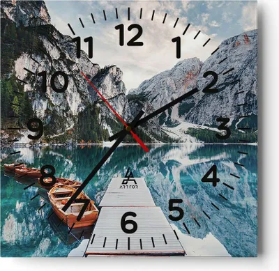 Produktbild von Wanduhr - Quadrat - Glasuhr - Boote Berge Hafen - 30x30cm - Schleichendes Uhrwerk - Lautlos - zum Aufhängen bereit - Dekoration Modern - Wanddekoration aus Glas - C4AC30x30-5068