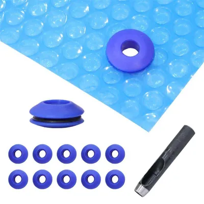 Immagine prodotto di 10 pezzi di occhielli blu per teloni da piscina + punzoni per occhielli in plastica per teloni di copertura