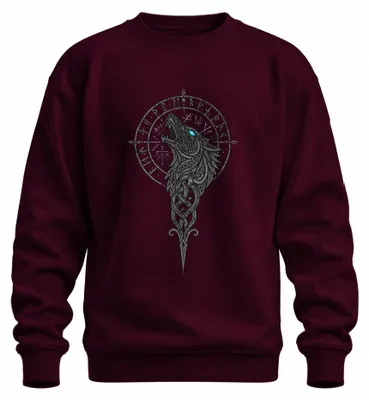 Immagine prodotto di Felpa con cappuccio, motivo vichingo: lupo Fenrir, Vegvisir (bussola), rune, Valhalla, Odino, colore bordeaux, taglia M