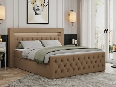 Produktbild von Boxspringbett 180x200 mit Led, Polsterbett 180x200 mit LED Kopfteil - Multipocket-Matratze H3 - Doppelbett mit Bettkasten Stauraumbet - GOLD-9 - 180x200cm - Kunstleder - Braun - H3