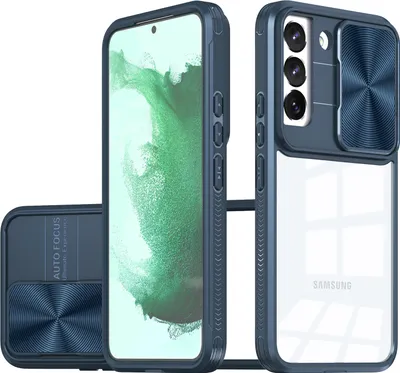 A product shot of a blue phone case with a clear back, showing a sliding camera cover.