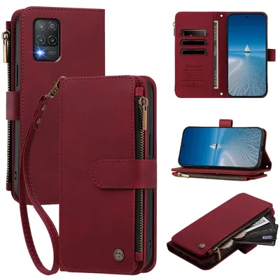 Produktbild von Handyhülle für Realme 8 5G, Leder Klapphülle mit Kartenfächern, Reißverschlussfach und Handschlaufe Rot