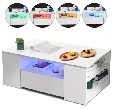 Image de Table basse brillante avec espace de rangement - Blanche - Éclairage LED RGB, 2 tiroirs et étagère ouverte