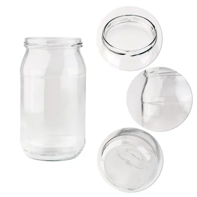A clear glass jar is shown from the side, with three close-up circular insets showing the top, side detail, and bottom of the jar.