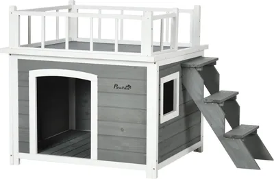 Produktbild von Hundehütte Hundehaus Mit Balkon, Erhöhtes Kleintierhaus Mit Treppe, Fenster, Hundehöhle Für Mittele, Große Hunde, Tannenholz