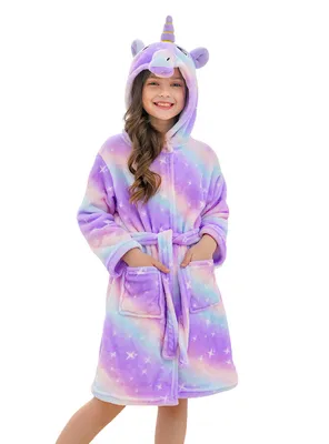 Imagen del producto de Bata de felpa morada, diseño de unicornio, talla 134
