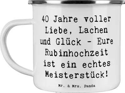 Produktbild von Mr. & Mrs. Panda becher emaille Spruch 40. Hochzeitstag Rubinhochzeit - Weiß - Geschenk, unvergessliche Momente, Geschenke, gemeinsame Zeit, Haferl, Heiraten, Pott, Tasse