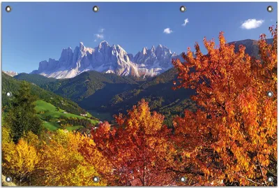 Produktbild von Wallario Outdoor-Poster für Garten oder Balkon, Motiv Herbst im Gebirgstal unter blauem Himmel, in ca. 80 x 120 cm