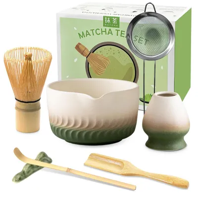 Produktbild von Matcha Set 7-teilig Bambus Besen Keramik Schale Sieb Löffel Halter Farbverlauf Grün
