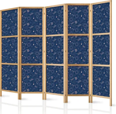A six-panel room divider with a dark blue fabric featuring a white celestial pattern, framed by light wood. The divider is shown from a slightly angled front view, standing on a reflective white surface.