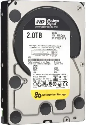 A close-up, angled view of a Western Digital 2TB hard drive.