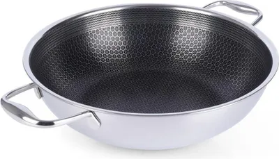 A close-up, studio shot of a wok pan.
