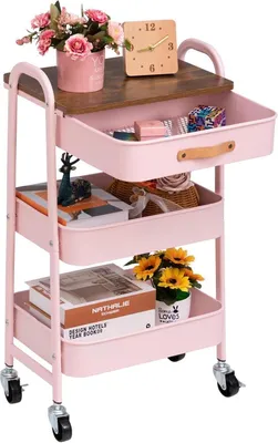 Image de DOEWORKS Chariot métallique Chariot de rangement 3 niveaux avec tiroir, Rose