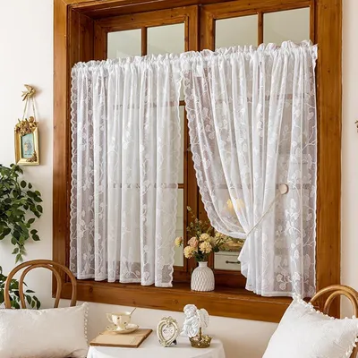 Image de Ensemble de 2 rideaux de cuisine modernes, style bistrot, dimensions : 140 cm de hauteur x 140 cm de largeur. Rideaux de cuisine de style champêtre, adaptés aux fenêtres de cuisine