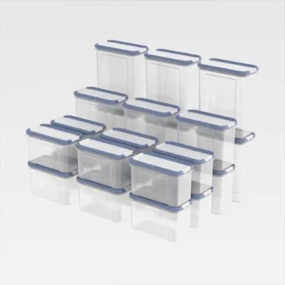Produktbild von DOMINO 24-Set Vorratsdosen, Streu- & Schüttdose mit dicht schließendem Deckel, spülmaschinengeeignet, transparent/blau