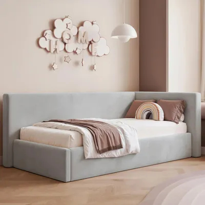 Produktbild von Eckbett Jugendbett Sampre 100x200 cm Hellgrau Rechts Velvet – Bettkasten, Metalllattenrost