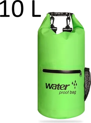Produktbild von Drybag 10L in Grün, wasserdichter Seesack, Rollbeutel mit zusätzlicher Netztasche, Reissverschlusstasche und 2 Tragegurten zur Verwendung als Rucksack
