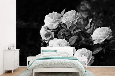 Produktbild von MuchoWow® Fototapete für Wohnzimmer oder Schlafzimmer Wandtapete Vinyl Motivtapete Blumen - Schwarz und Weiß - Natur - Pflanzen - Rosen - 600x400 cm - Vinyltapeten