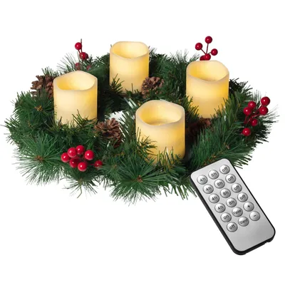 Produktbild von Künstlicher Adventskranz Ø 45 cm mit 4 LED Kerzen aus Echtwachs in rot oder creme | praktische Fernbedienung mit Timer und Lichtfunktionen | inkl. Kerzenhalter | nadelfrei (creme)