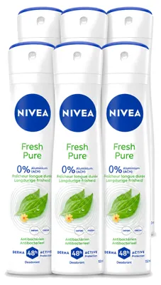Imagen del producto de 6 aerosoles desodorantes NIVEA Fresh Pure, sin aluminio, 150 ml, pack ahorro, 6 unidades