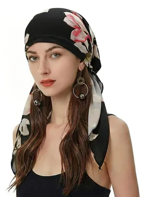 Immagine prodotto di Turban da donna, sciarpa per capelli pre-annodata, foulard copricapo, motivo floreale, colore nero, materiale: poliestere