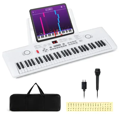 Zdjęcie produktu dla COSTWAY Keyboard Piano 61 klawiszy, pianino cyfrowe ze statywem, mikrofonem i torbą transportową, pianino elektroniczne dla początkujących, pianino dla dzieci i początkujących, białe