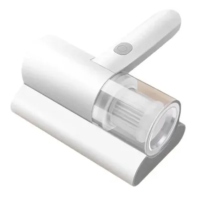 A white handheld vacuum cleaner is shown on a white surface.