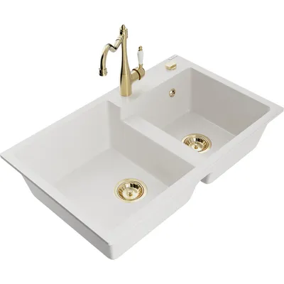 Zdjęcie produktu dla Mexen Tomas zlewozmywak granitowy 2-komorowy z baterią kuchenną Carla, biały - 6516-20-670700-50