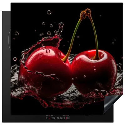 Produktbild von KitchenYeah© Herdabdeckplatte Kirsche - Rot - Frucht - Wasser - Schwarz , 78x78cm, Küche Deko, Glaskeramikkochfeld Herdabdeckung, Abdeckplatte fùr Kochfeld
