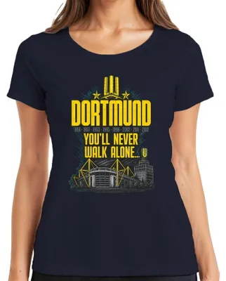 Obrázek produktu pro Dortmund, "Nikdy nebudete sami" – Tričko s fotbalovým motivem, ironické, dámské, tmavě modré, velikost L