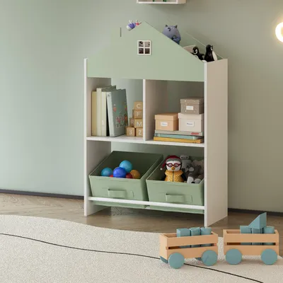 Obrázok produktu pre Detský regál "Vipsali" s 2 skladacími boxmi vzhľad domčeka 90 x 60 x 27 cm mätovo zelená / biela