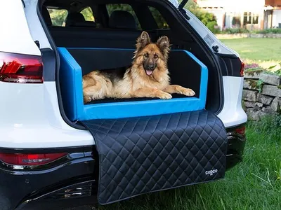 Produktbild von Hundebox Auto Kofferraumschutz Hund mit ladekantenschutz Kofferraum?Mit Tasche? Kofferraum schutzmatte herausnehmbar - Hunde Autositz mit Anschnallsystem, hundetransportbox 100x80x38cm Blau/Grau
