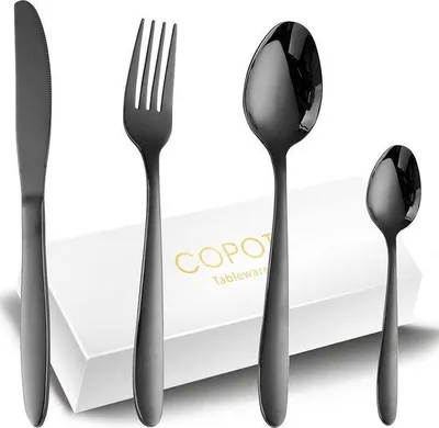 Immagine prodotto di Posate in acciaio inossidabile, set da 24 pezzi, nero, moderno, elegante, lavabile in lavastoviglie.