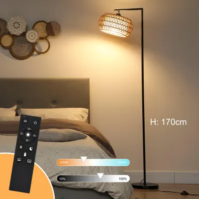 Produktbild von LED Stehleuchte Boho Dimmbar 1100 lm - Moderne Standlampe Schwarz mit Papierseil-Schirm, Fernbedienung, 3000-6500K.